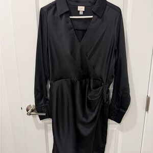 a new day Black Satin Wrap-Style Long Sleeve Dress